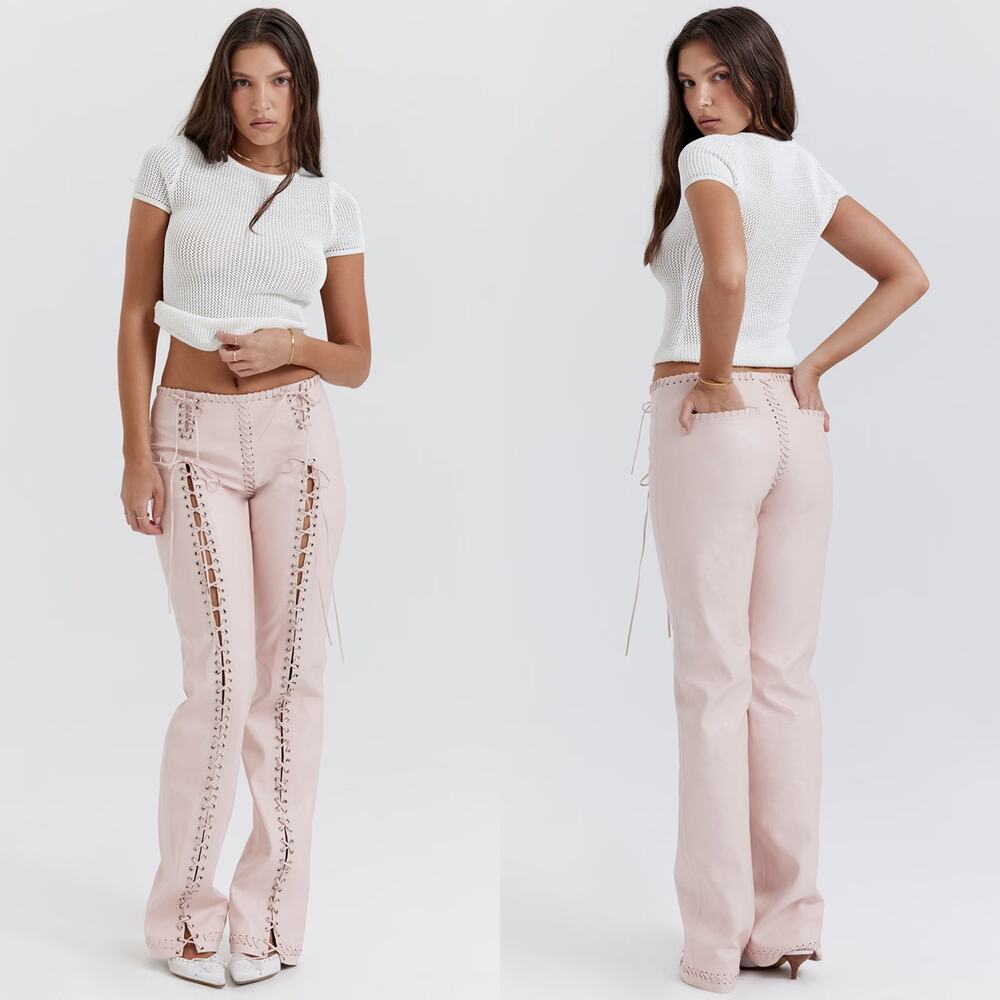 HOUSE OF CB 'Elliot' Peach Vegan Leather Lace Up Trousers